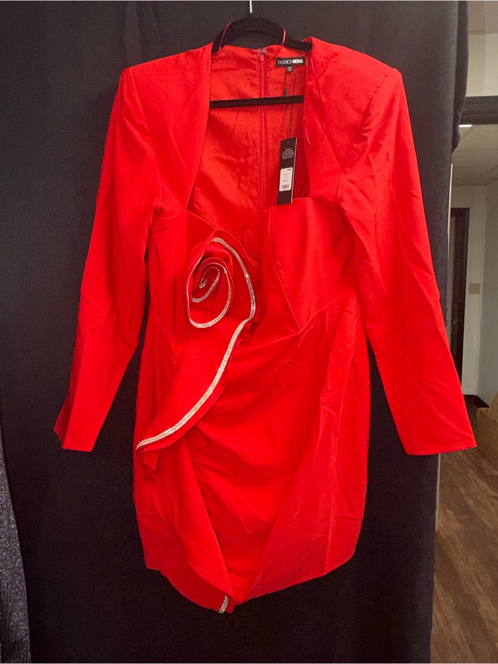 Fashion Nova Red Long-Sleeve Rose-Accent Cocktail Dress